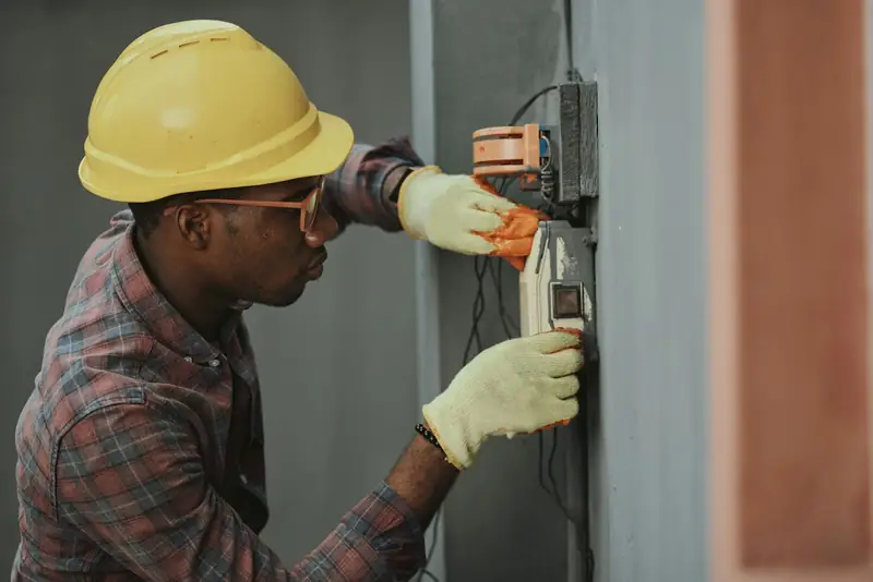Electrician in a hard hat installing electrical wiring